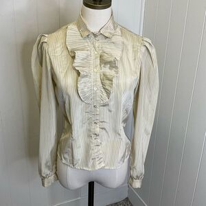 Vintage Mikal-Alan Striped Ruffle Neck Button-Up Long Sleeve Cotton Blouse M